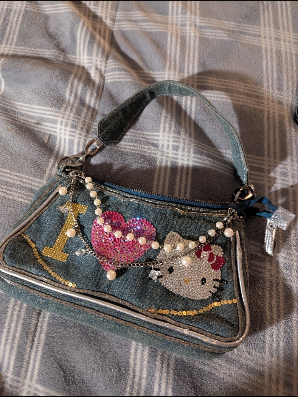Y2K Hello Kitty Denim Wristlet with Pearl Charm
